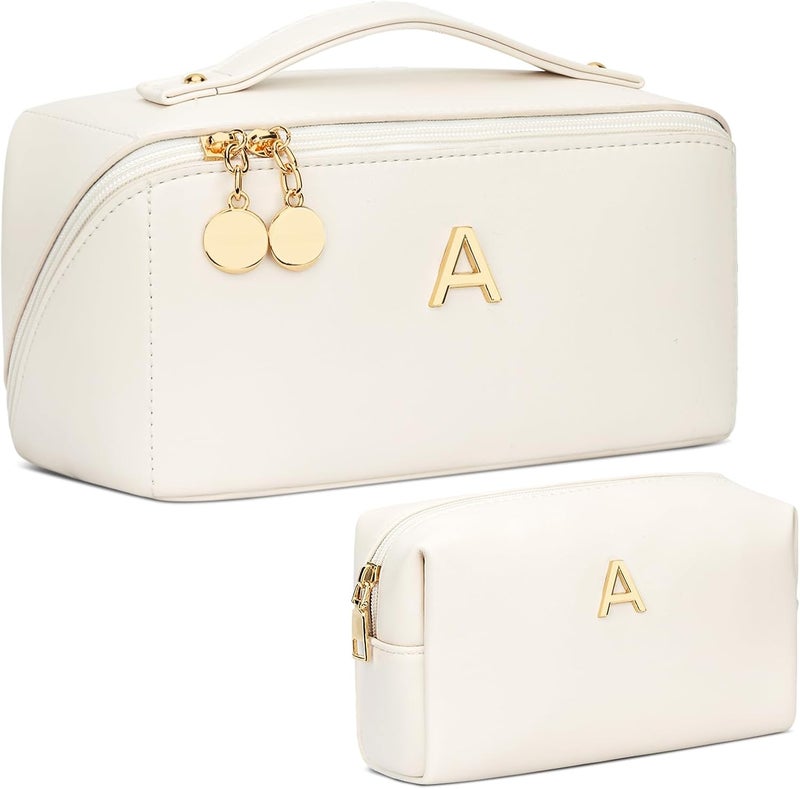CLOUDWINGS Birthday Gifts for Women Teen Girl, Personalized Initial Makeup Organizer Bag Set, Open Flat Travel Cosmetic Bag With Clear Divider and Handle(Beige,A) - Image 1